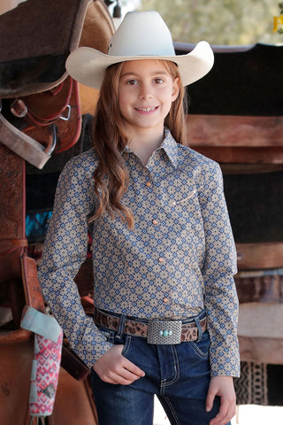 GIRLS ORANGE PRINT LONG SLEEVE CINCH SHIRT