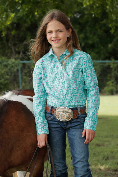 GIRLS TURQUOISE PRINT LONG SLEEVE SNAP SHIRT