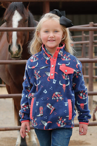 GIRLS BOOT/CACTUS NAVY PRINT FLEECE PULLOVER