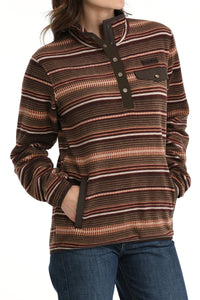 LADIES BROWN STRIPE FLEECE PULLOVER