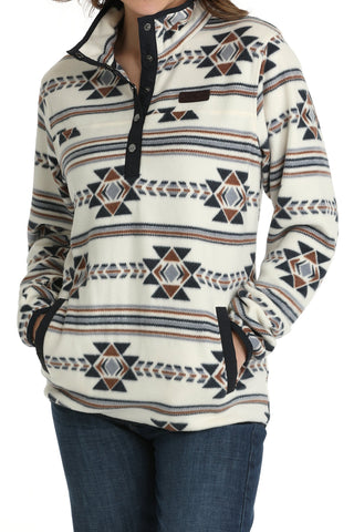 LADIES CREAM AZTEC PRINT FLEECE PULLOVER