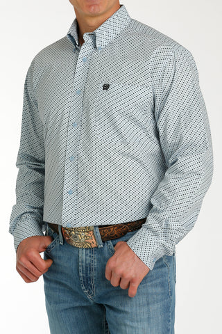 MENS LIGHT BLUE PRINT LONG SLEEVE CINCH SHIRT