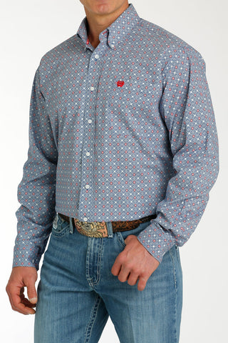 MENS RED/BLUE PRINT LONG SLEEVE CINCH SHIRT