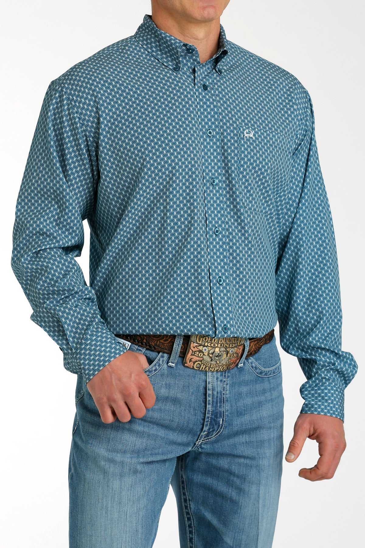 MENS TEAL PRINT ARENAFLEX LONG SLEEVE SHIRT