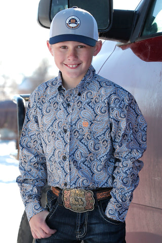 BOYS BLUE PAISLEY BUTTON LONG SLEEVE SHIRT