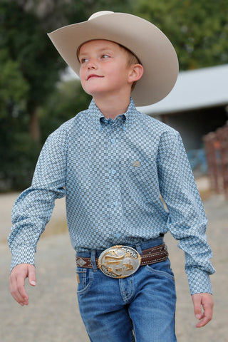 BOYS LIGHT BLUE PRINT LONG SLEEVE CINCH SHIRT