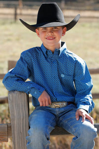 BOYS BLUE PRINT LONG SLEEVE CINCH SHIRT