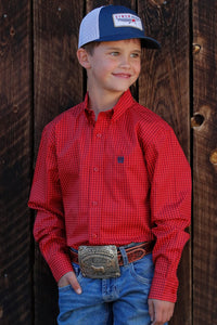 BOYS RED DOLLAR PRINT LONG SLEEVE CINCH SHIRT