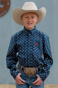 BOYS NAVY FLAG PRINT LONG SLEEVE CINCH SHIRT