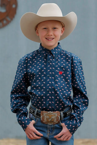 BOYS NAVY FLAG PRINT LONG SLEEVE CINCH SHIRT