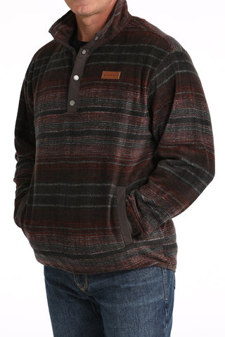 MENS BROWN STRIPE 1/4 SNAP FLEECE PULLOVER