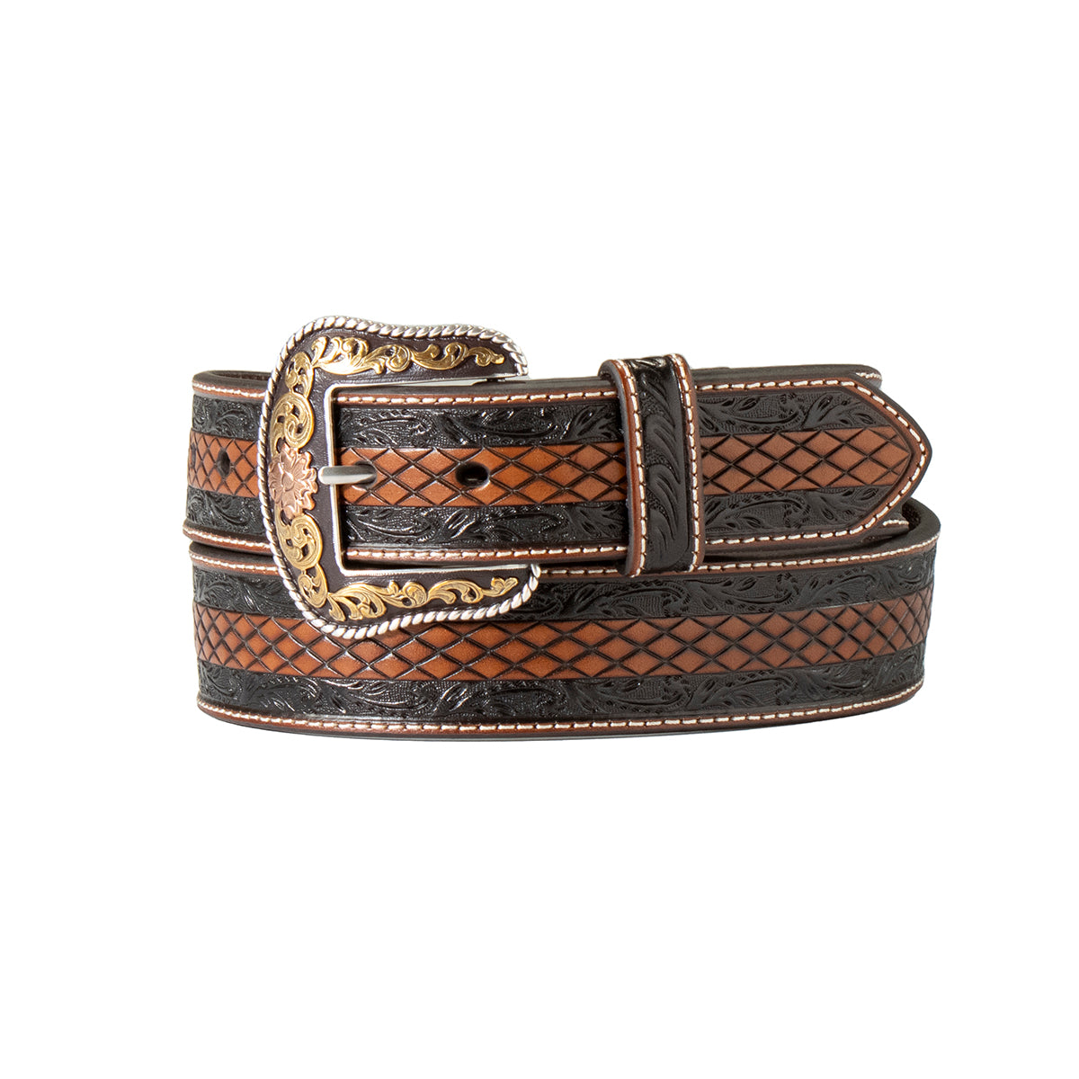 M&F WESTERN PRODUCTS ACCESSORIES BLACK/BROWN DIAMOND STAMPED BELT