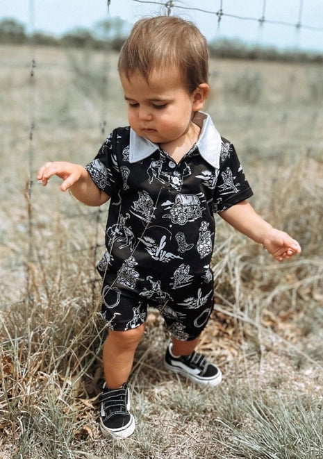 SHEA BABY CLOTHING-BOYS 3-6M BOYS BLACK WILD WEST ROMPER