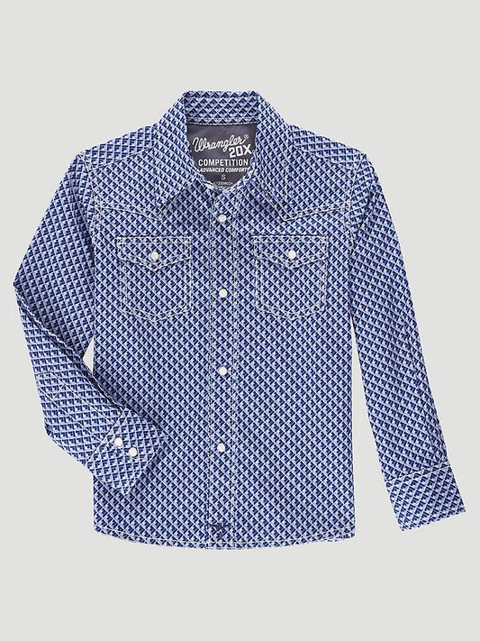 WRANGLER CLOTHING-BOYS BOYS BLUE PRINT 20X SNAP LONG SLEEVE SHIRT