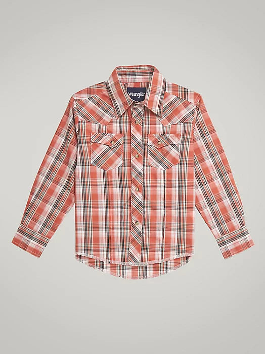 WRANGLER CLOTHING-BOYS BOYS ORANGE PLAID WRANGLER SNAP LONG SLEEVE SHIRT