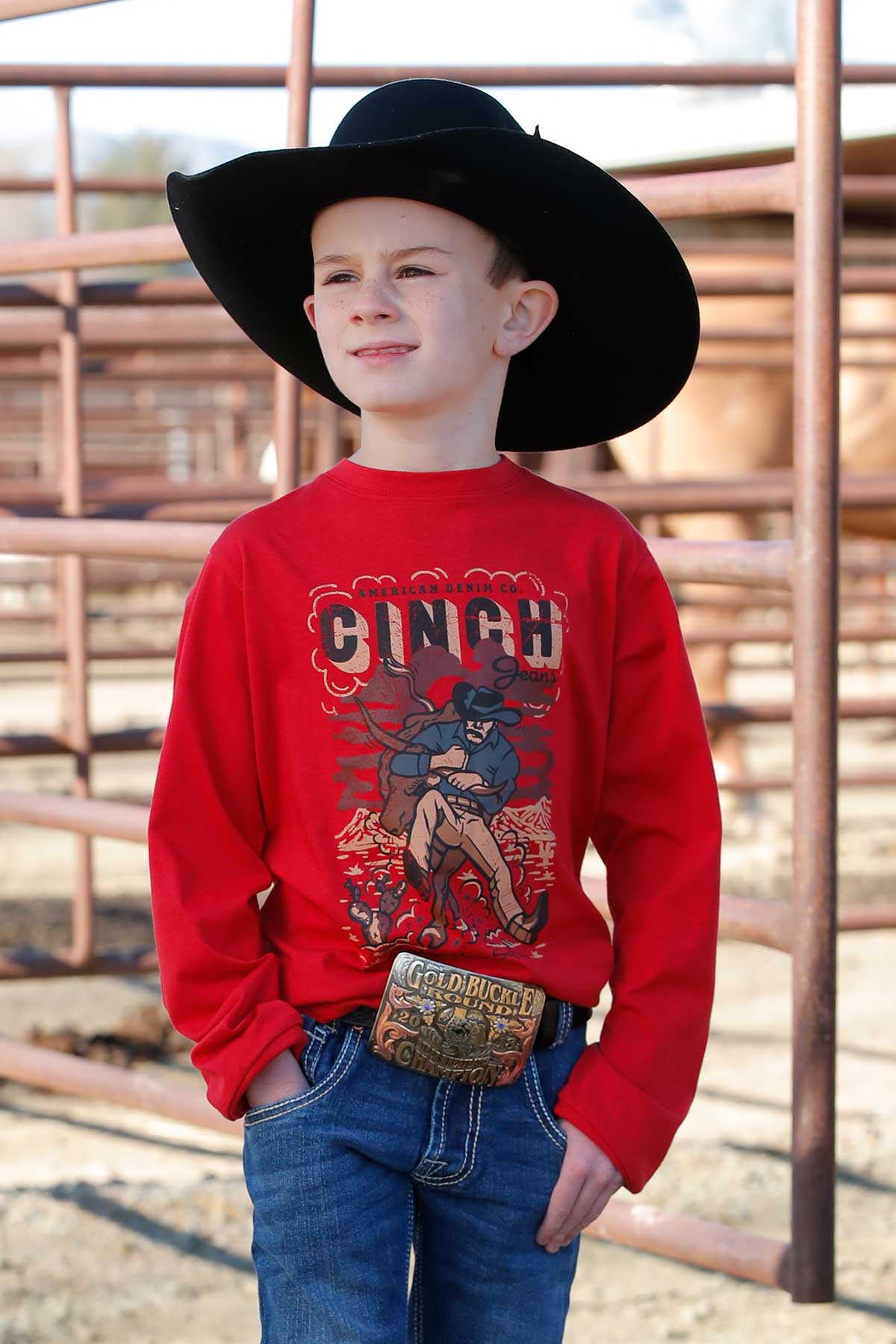 MILLER INTERNATIONAL CLOTHING-BOYS BOYS RED STEER WRESTLER LONG SLEEVE TEE SHIRT