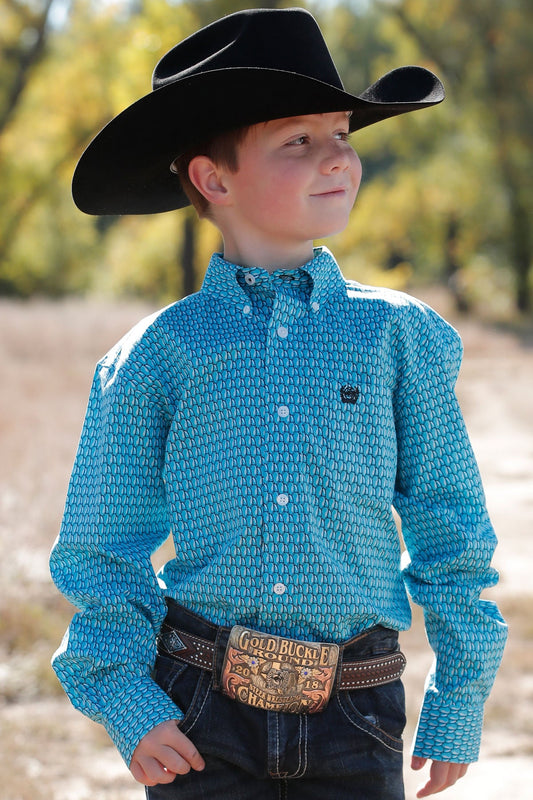 MILLER INTERNATIONAL CLOTHING-BOYS BOYS TURQUOISE PRINT CINCH LONG SLEEVE SHIRT