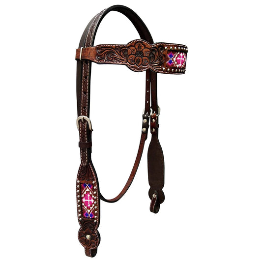 AMERICAN DARLING TACK Default CROSS PINK BEADED INLAY BROWBAND HEADSTALL