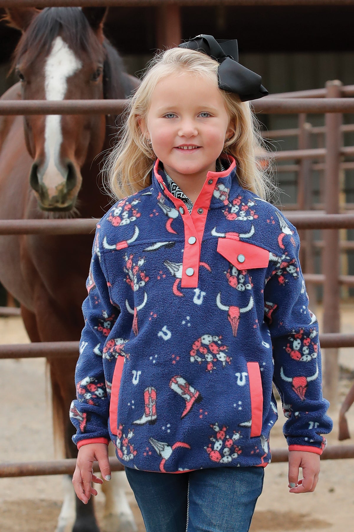 MILLER INTERNATIONAL CLOTHING-GIRLS GIRLS BOOT/CACTUS NAVY PRINT FLEECE PULLOVER