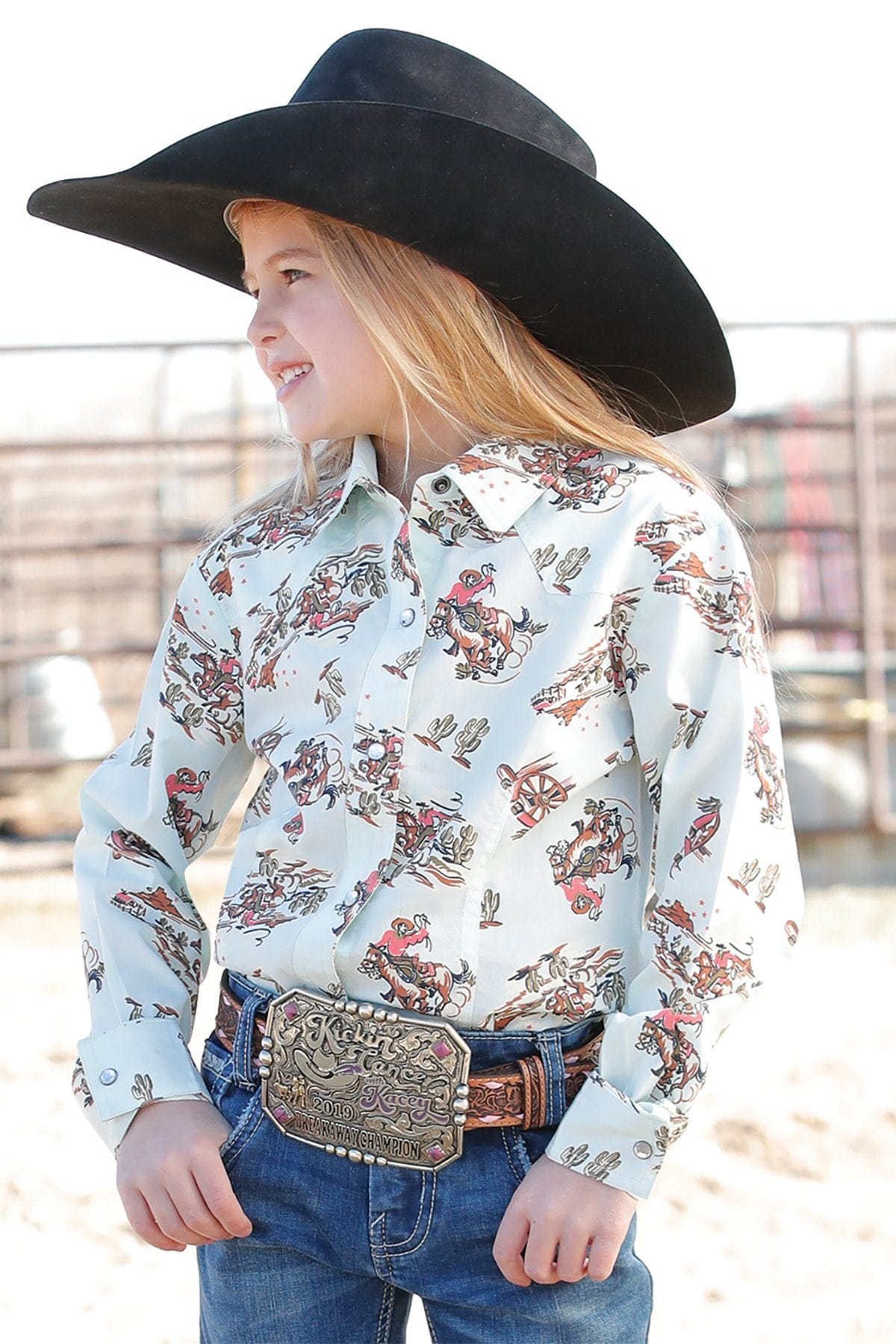 MILLER INTERNATIONAL CLOTHING-GIRLS GIRLS OLD WEST PRINT LIGHT BLUE SNAP LONG SLEEVE SHIRT