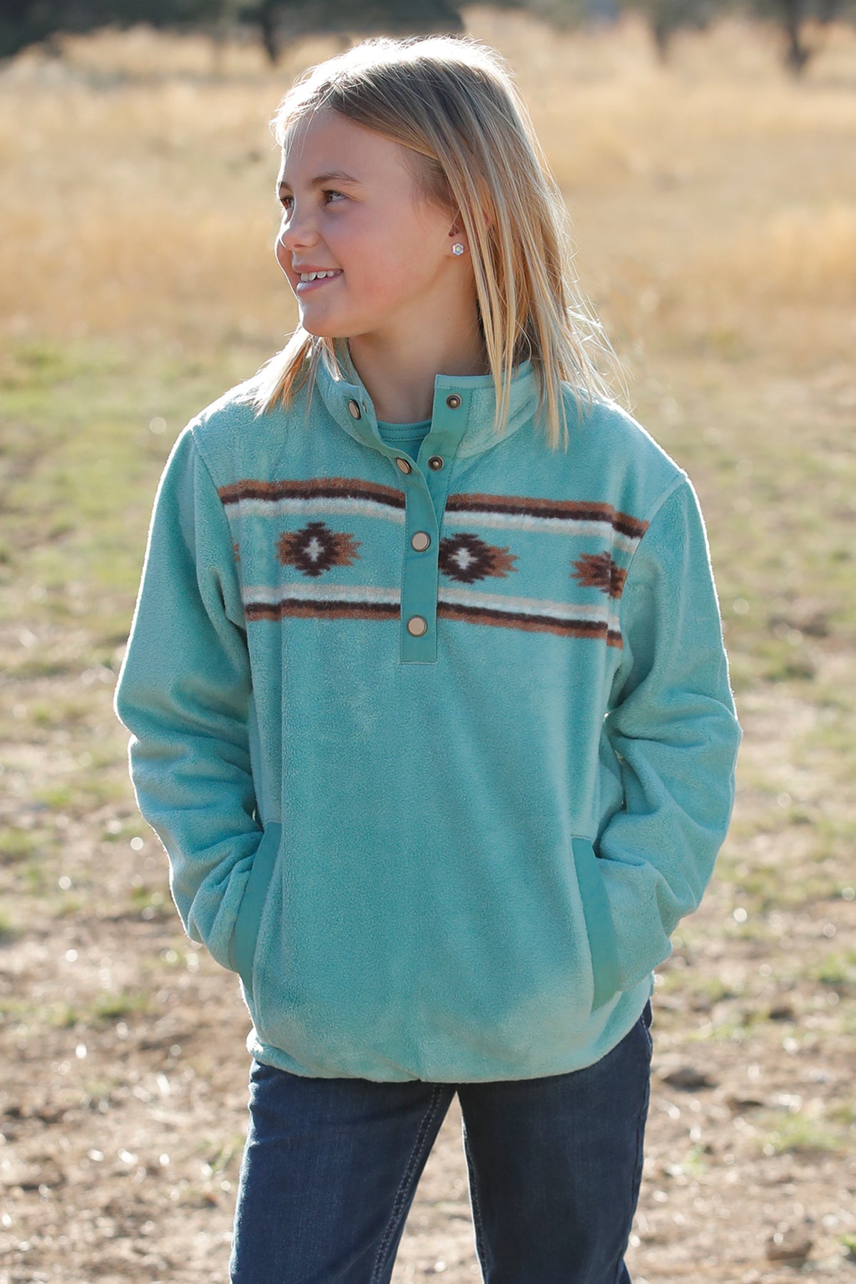 MILLER INTERNATIONAL CLOTHING-GIRLS GIRLS TURQUOISE AZTEC FLEECE PULLOVER