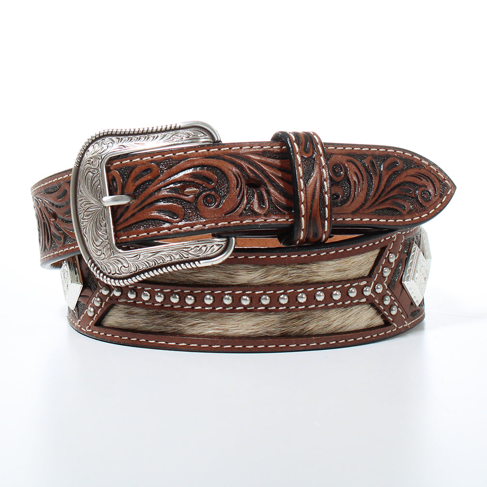 M&F WESTERN PRODUCTS ACCESSORIES HAIR ON HIDE & TOOLED DIAMOND CONCHO BELT