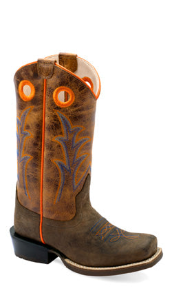 OLD WEST BOOTS (JAMA CORP) BOOTS KIDS (8.5-3) DK BROWN BULL HIDE/BURNT BROWN SQ TOE COWBOY BOOT