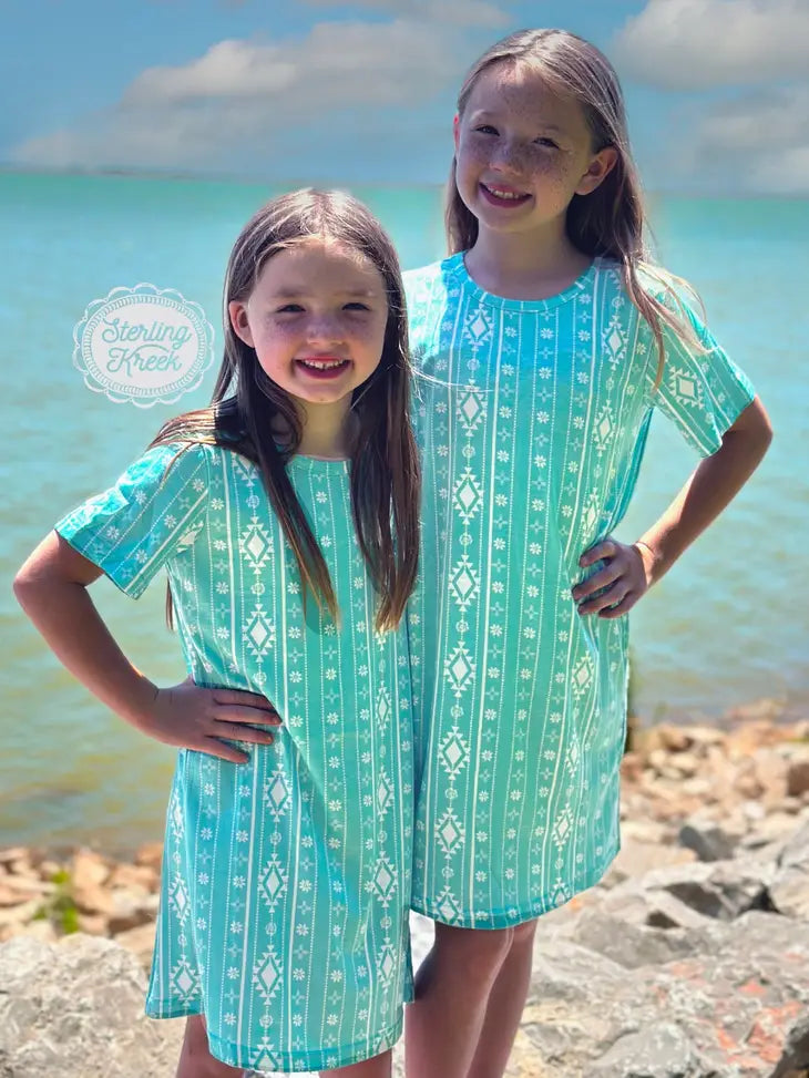 STERLING KREEK CLOTHING-GIRLS KIDS MINI WALKING IN TURQUOISE DRESS