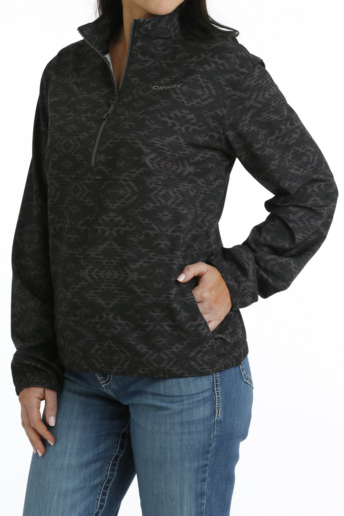 MILLER INTERNATIONAL CLOTHING-LADIES LADIES BLACK PRINT 1/2 ZIP WINDBREAKER