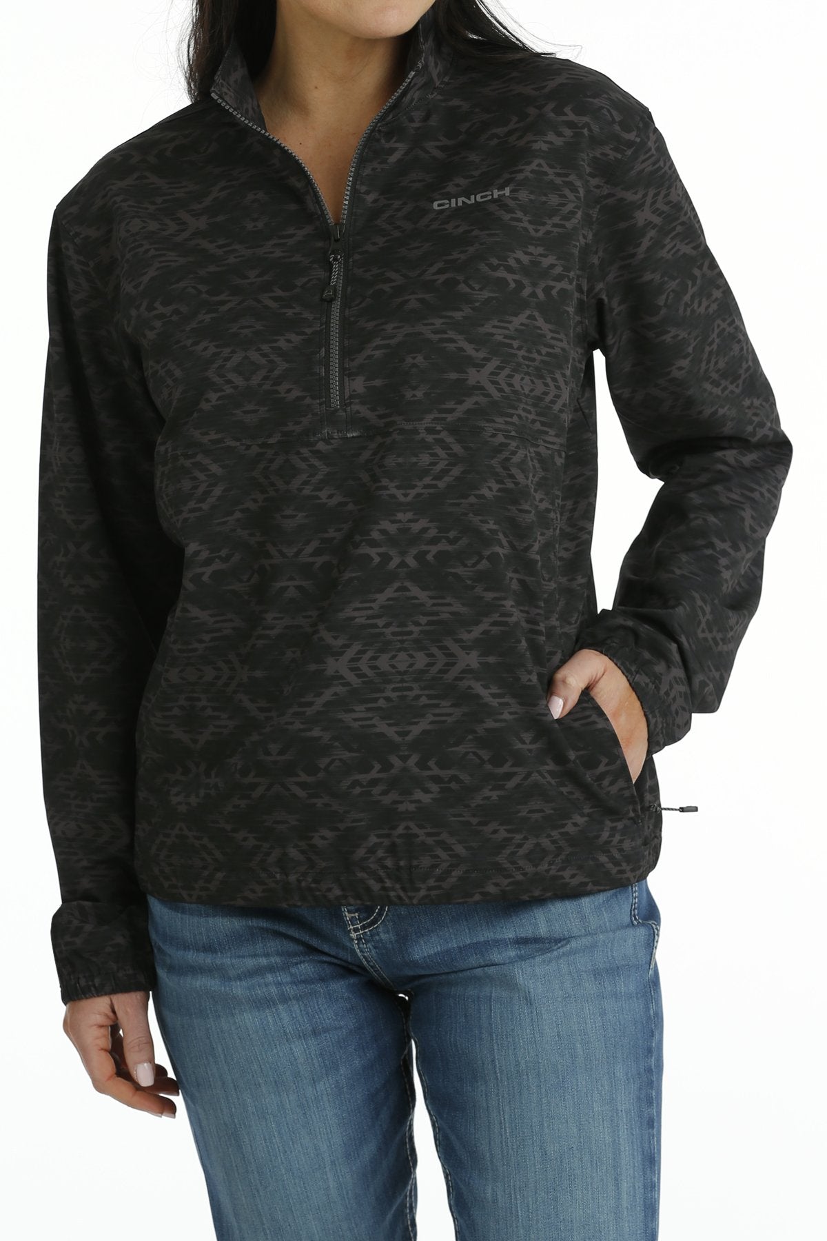 MILLER INTERNATIONAL CLOTHING-LADIES LADIES BLACK PRINT 1/2 ZIP WINDBREAKER