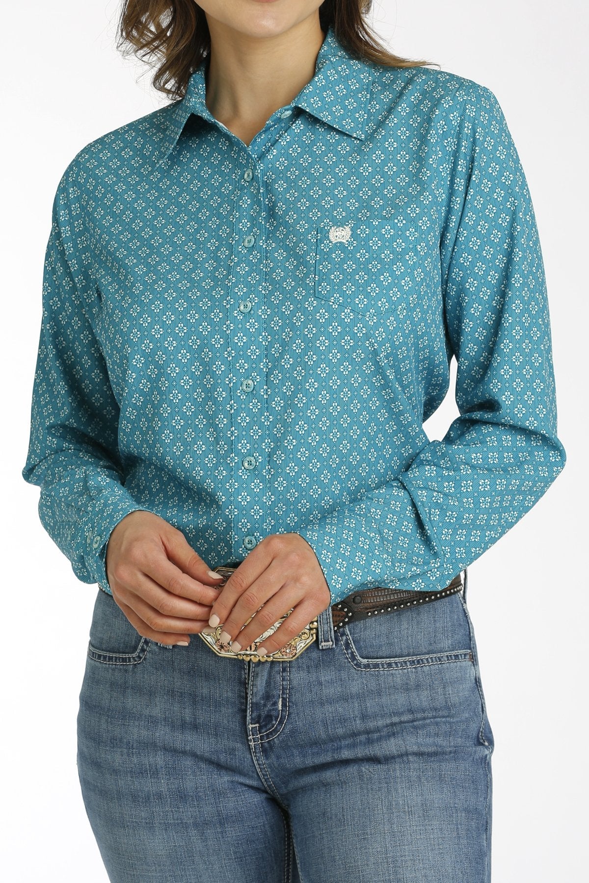 MILLER INTERNATIONAL CLOTHING-LADIES LADIES TEAL PRINT ARENAFLEX LONG SLEEVE SHIRT