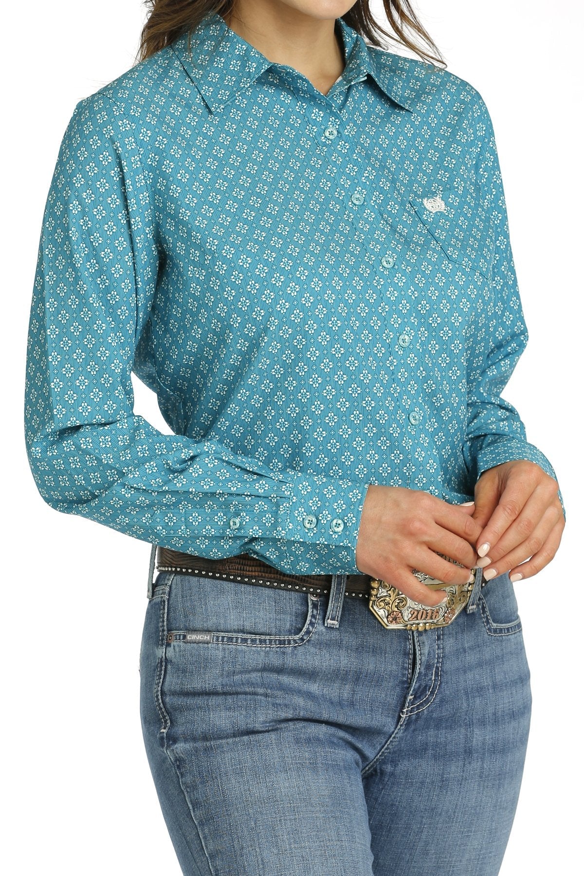 MILLER INTERNATIONAL CLOTHING-LADIES LADIES TEAL PRINT ARENAFLEX LONG SLEEVE SHIRT