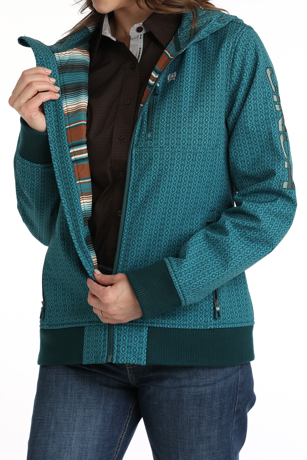 MILLER INTERNATIONAL LADIES CLOTHING LADIES TEAL PRINT BONDED HOODED JACKET