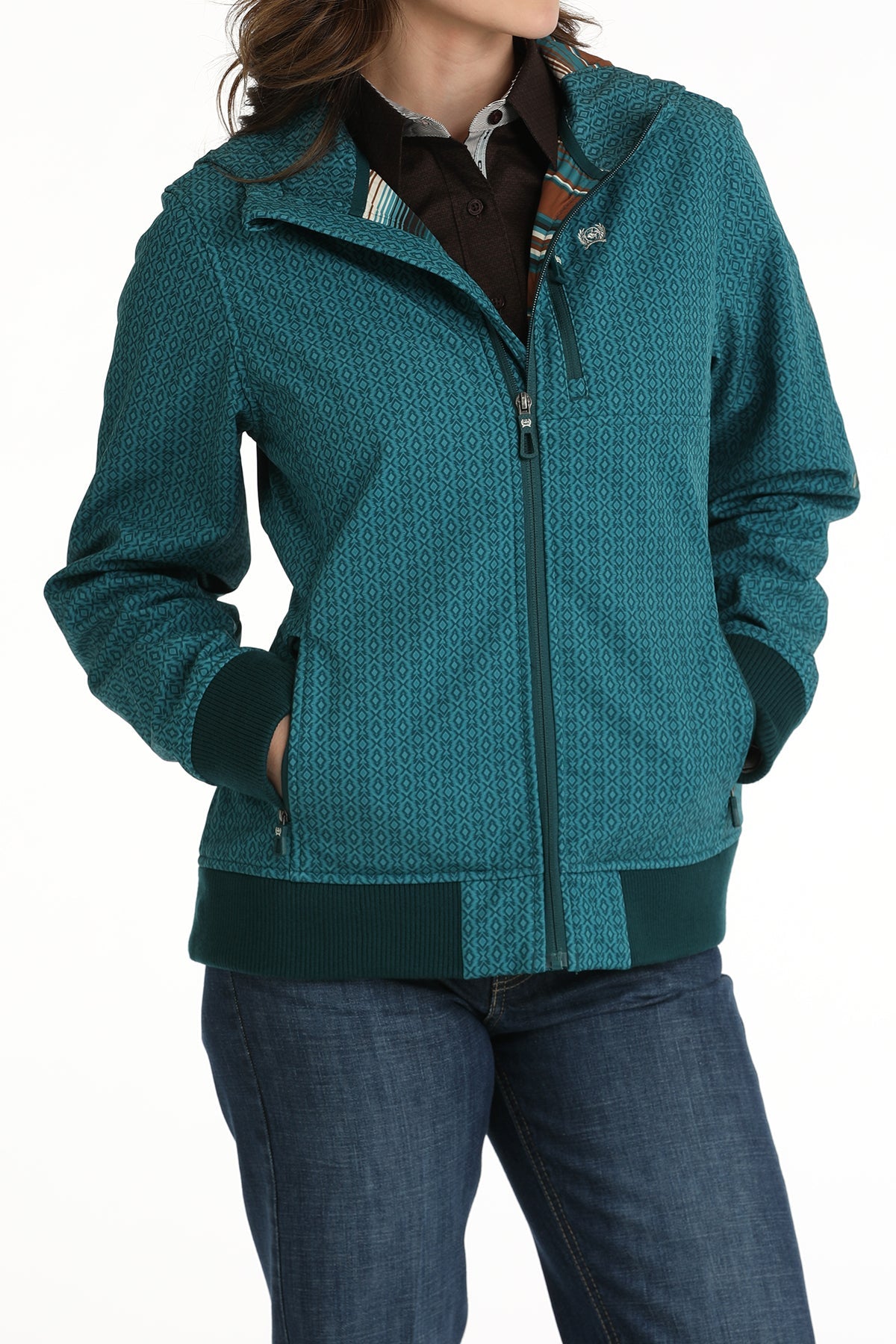 MILLER INTERNATIONAL LADIES CLOTHING LADIES TEAL PRINT BONDED HOODED JACKET