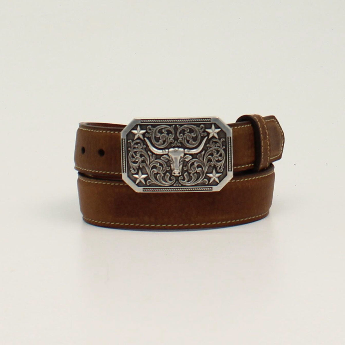 M&F WESTERN PRODUCTS ACCESSORIES LONGHORN BUCKLE DISTRESSED GRAIN KIDS BELT