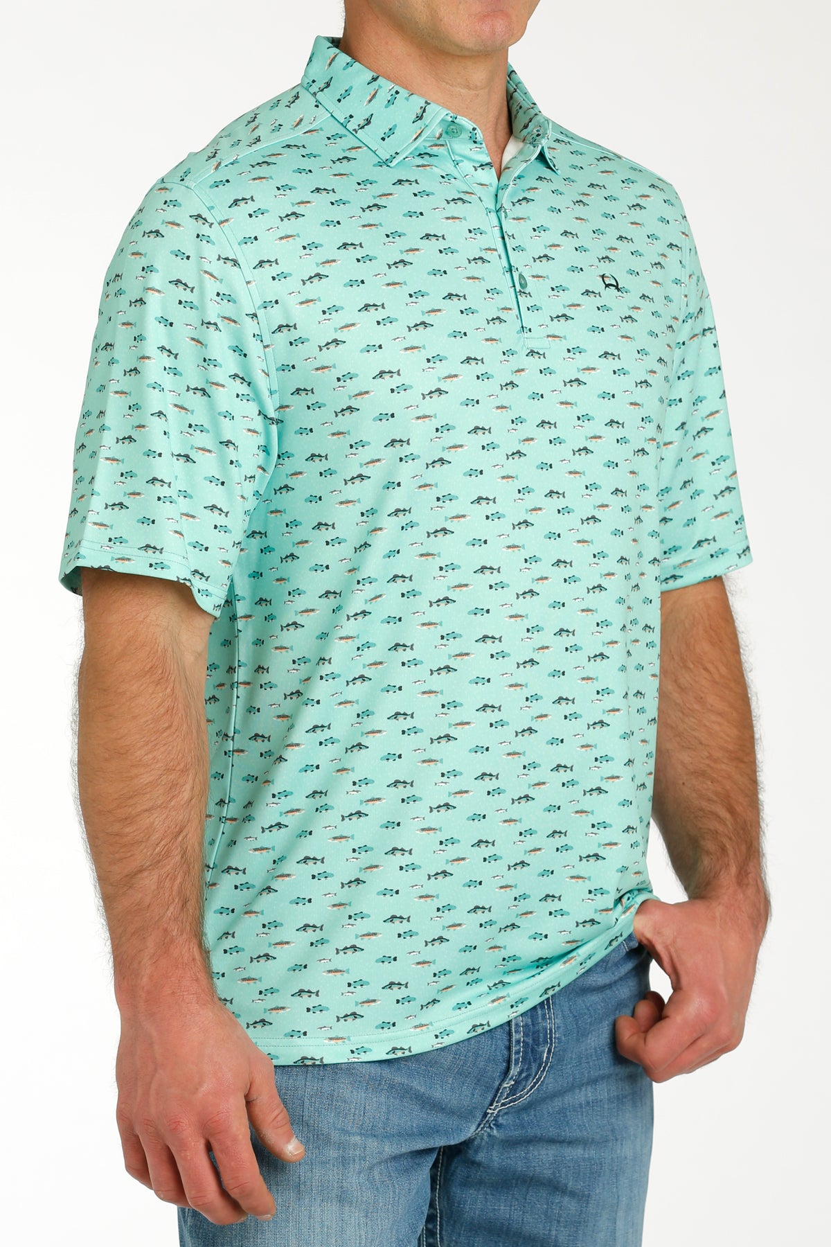 MILLER INTERNATIONAL CLOTHING-MENS MENS AQUA FISH PRINT CINCH POLO SHIRT