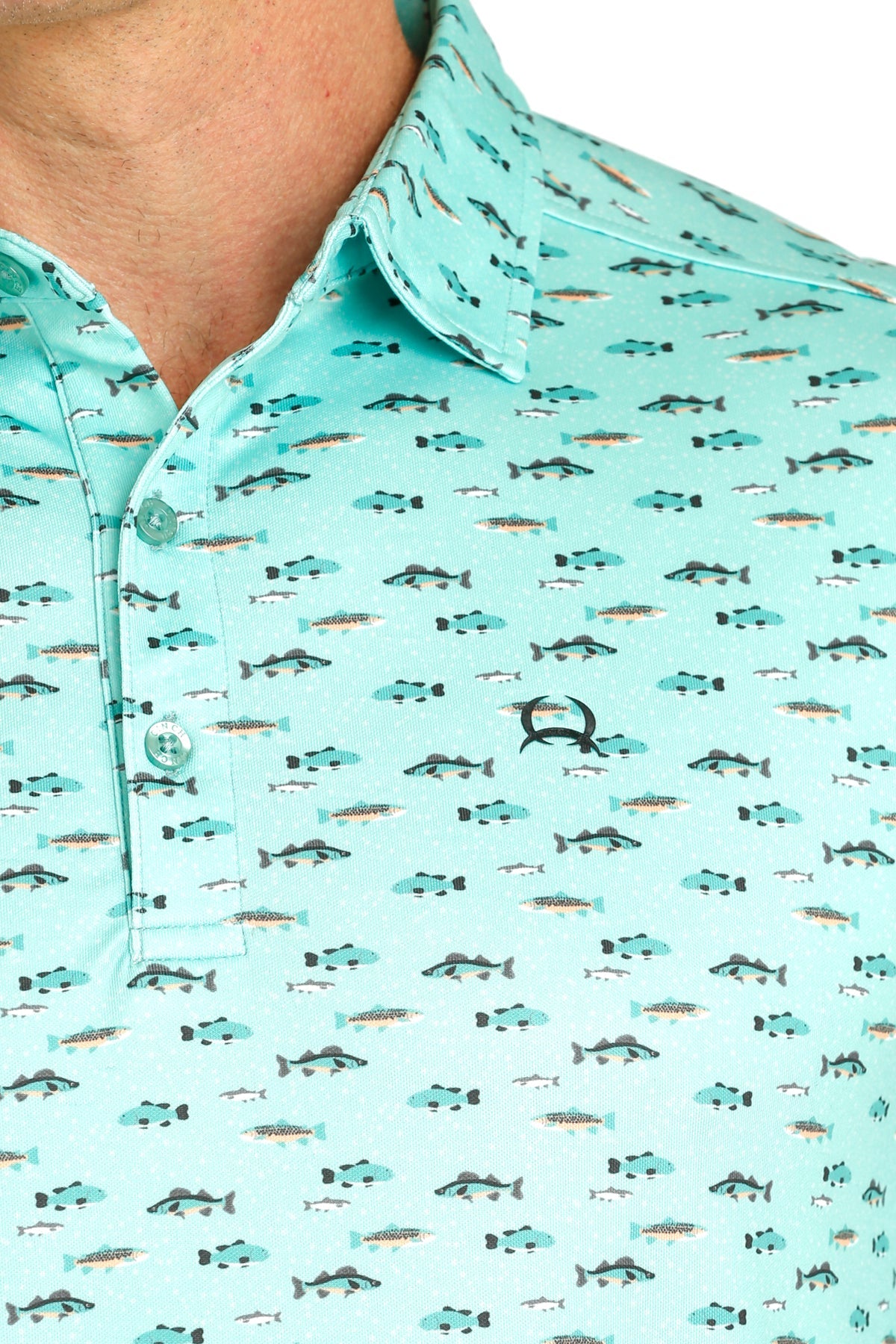 MILLER INTERNATIONAL CLOTHING-MENS MENS AQUA FISH PRINT CINCH POLO SHIRT