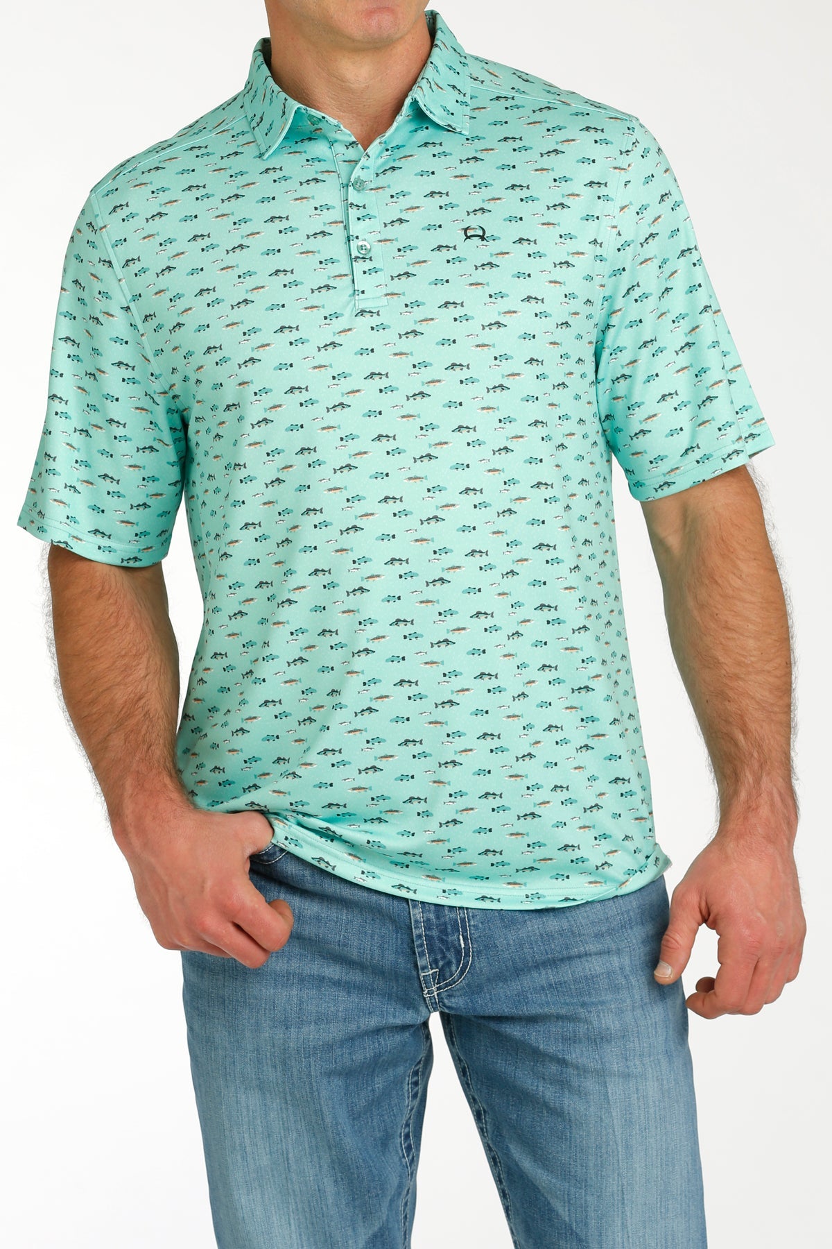 MILLER INTERNATIONAL CLOTHING-MENS MENS AQUA FISH PRINT CINCH POLO SHIRT