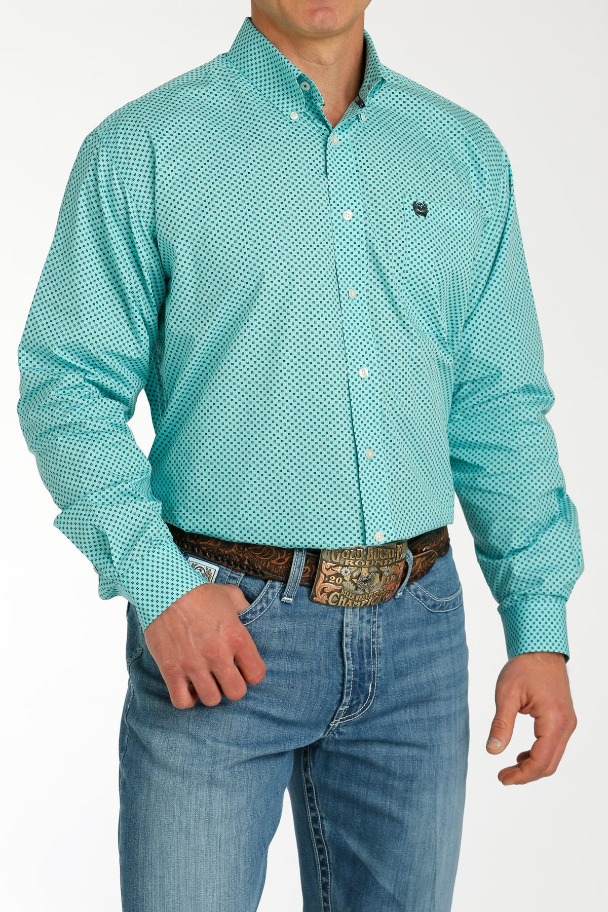 MILLER INTERNATIONAL CLOTHING-MENS MENS AQUA PRINT CINCH LONG SLEEVE SHIRT