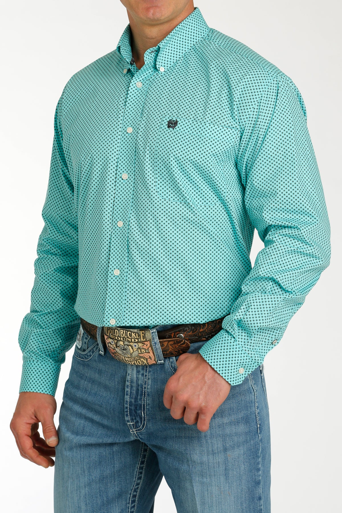 MILLER INTERNATIONAL CLOTHING-MENS MENS AQUA PRINT CINCH LONG SLEEVE SHIRT