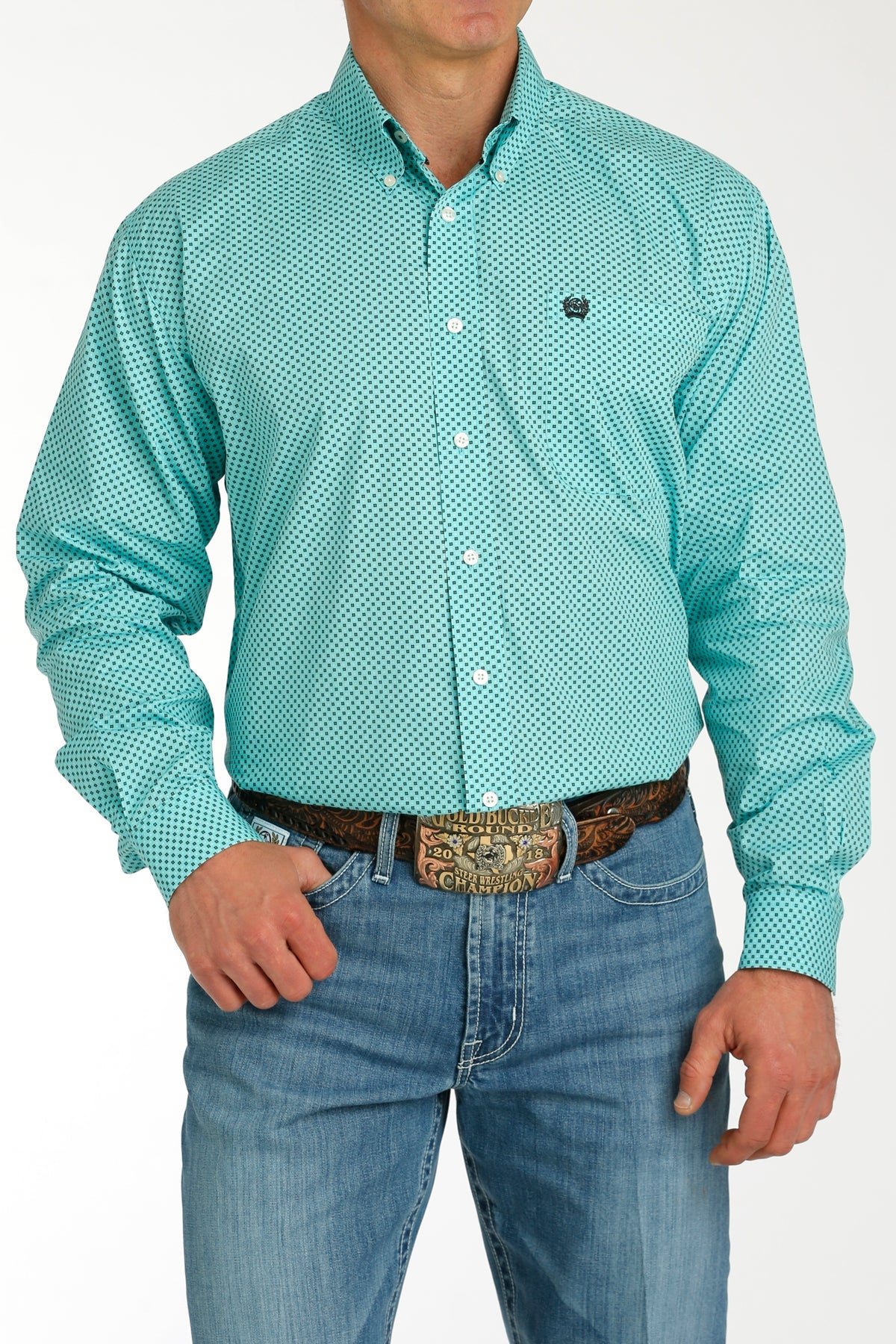 MILLER INTERNATIONAL CLOTHING-MENS MENS AQUA PRINT CINCH LONG SLEEVE SHIRT