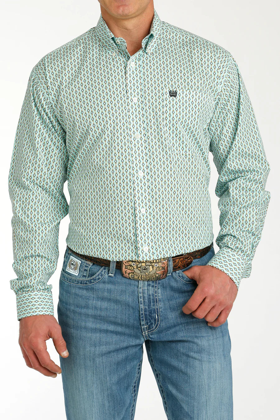 MILLER INTERNATIONAL CLOTHING-MENS MENS AQUA PRINT CINCH LONG SLEEVE SHIRT