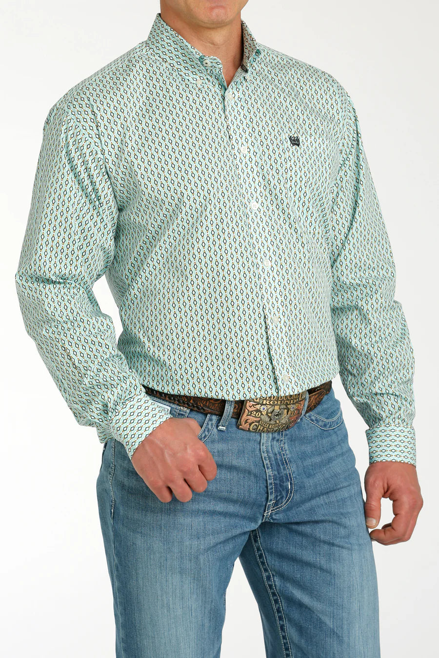 MILLER INTERNATIONAL CLOTHING-MENS MENS AQUA PRINT CINCH LONG SLEEVE SHIRT