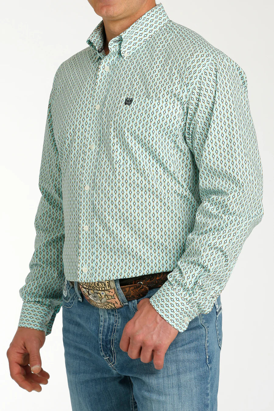 MILLER INTERNATIONAL CLOTHING-MENS MENS AQUA PRINT CINCH LONG SLEEVE SHIRT