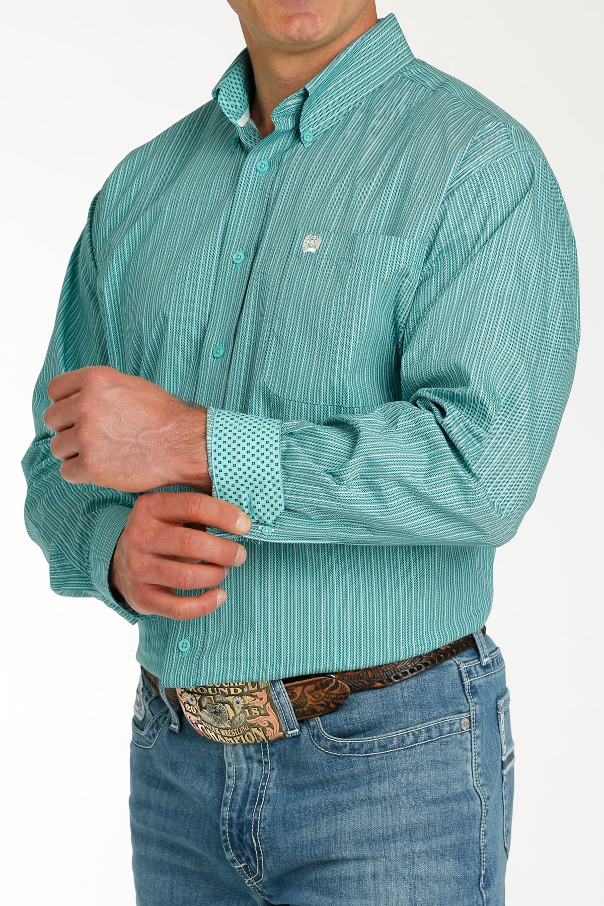 MILLER INTERNATIONAL CLOTHING-MENS MENS AQUA STRIPE CINCH LONG SLEEVE SHIRT