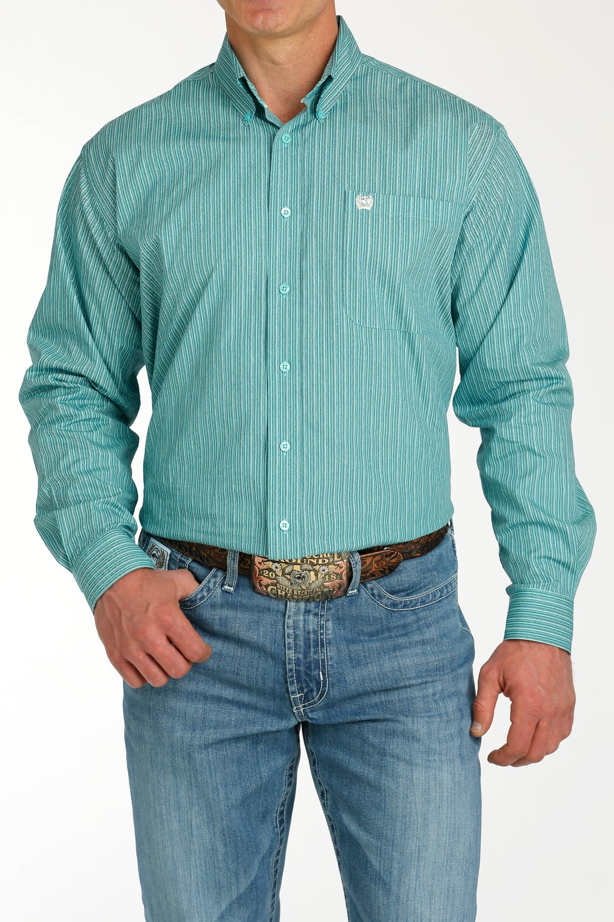 MILLER INTERNATIONAL CLOTHING-MENS MENS AQUA STRIPE CINCH LONG SLEEVE SHIRT