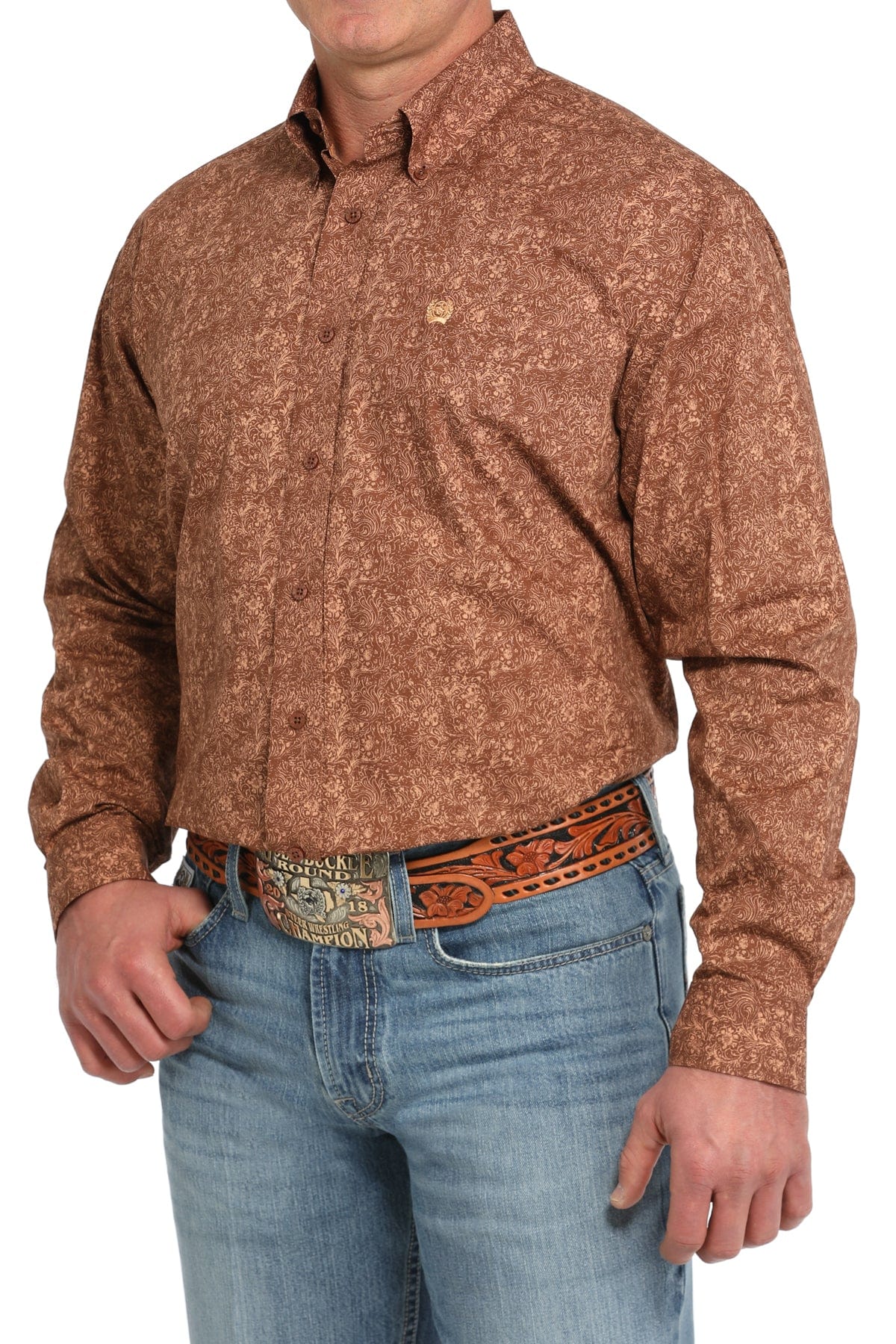 MILLER INTERNATIONAL CLOTHING-MENS MENS BROWN PRINT LONG SLEEVE SHIRT