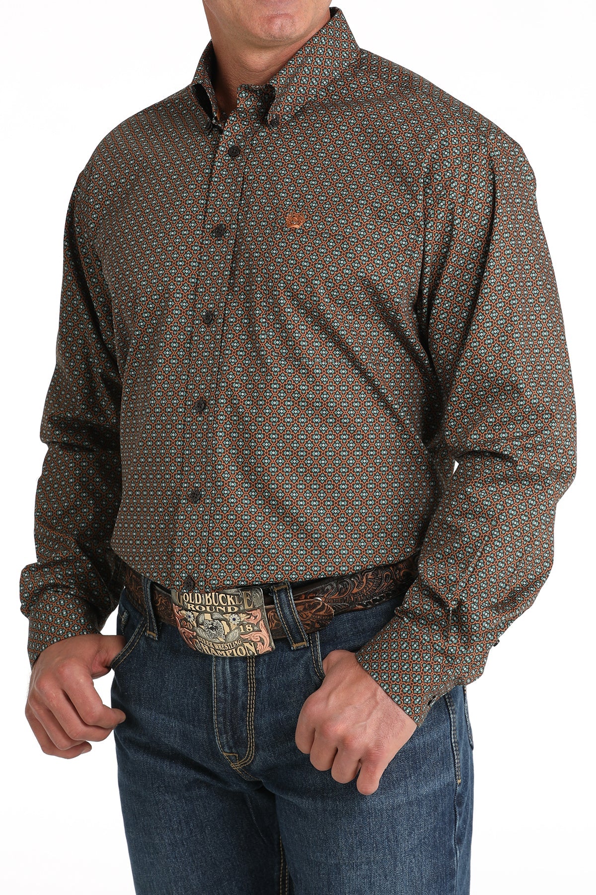 MILLER INTERNATIONAL MENS CLOTHING MENS GREEN/BROWN PRINT CINCH LONG SLEEVE SHIRT