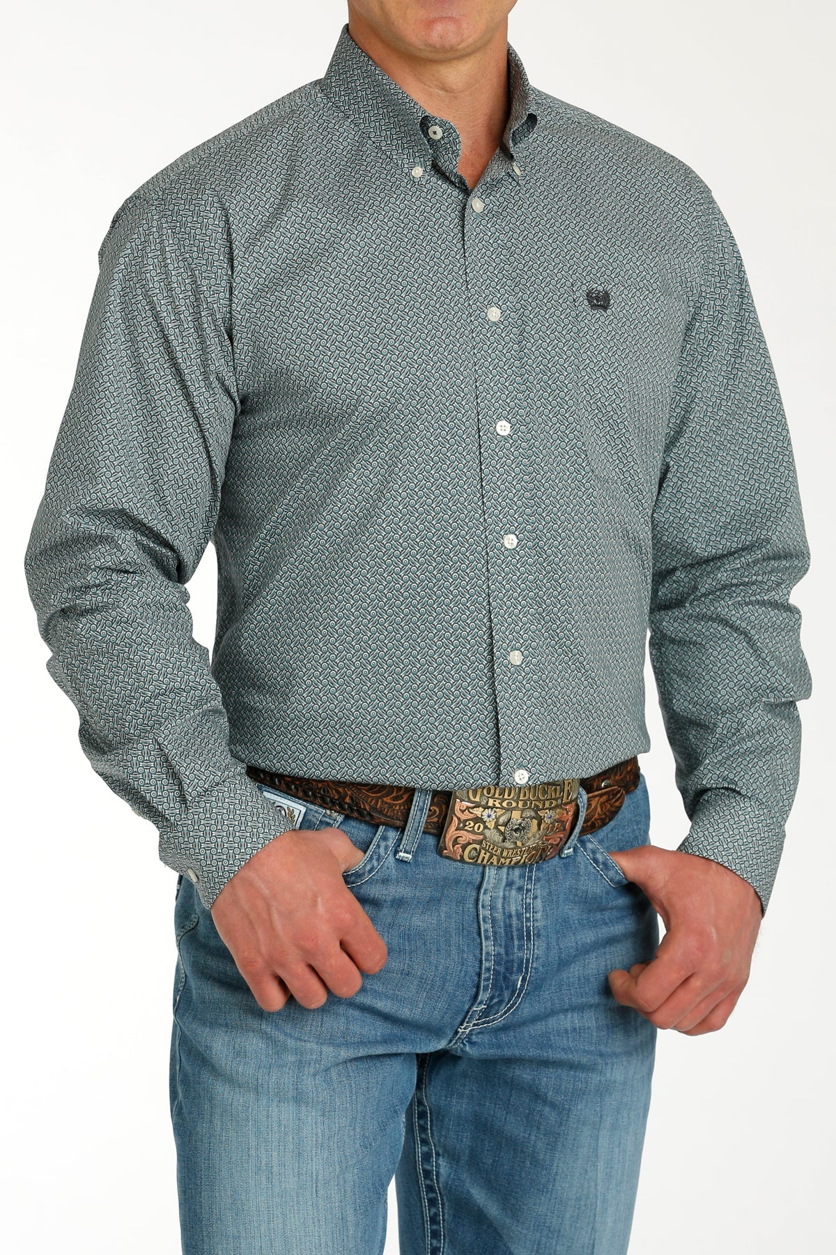 MILLER INTERNATIONAL CLOTHING-MENS MENS GREEN PRINT CINCH LONG SLEEVE SHIRT