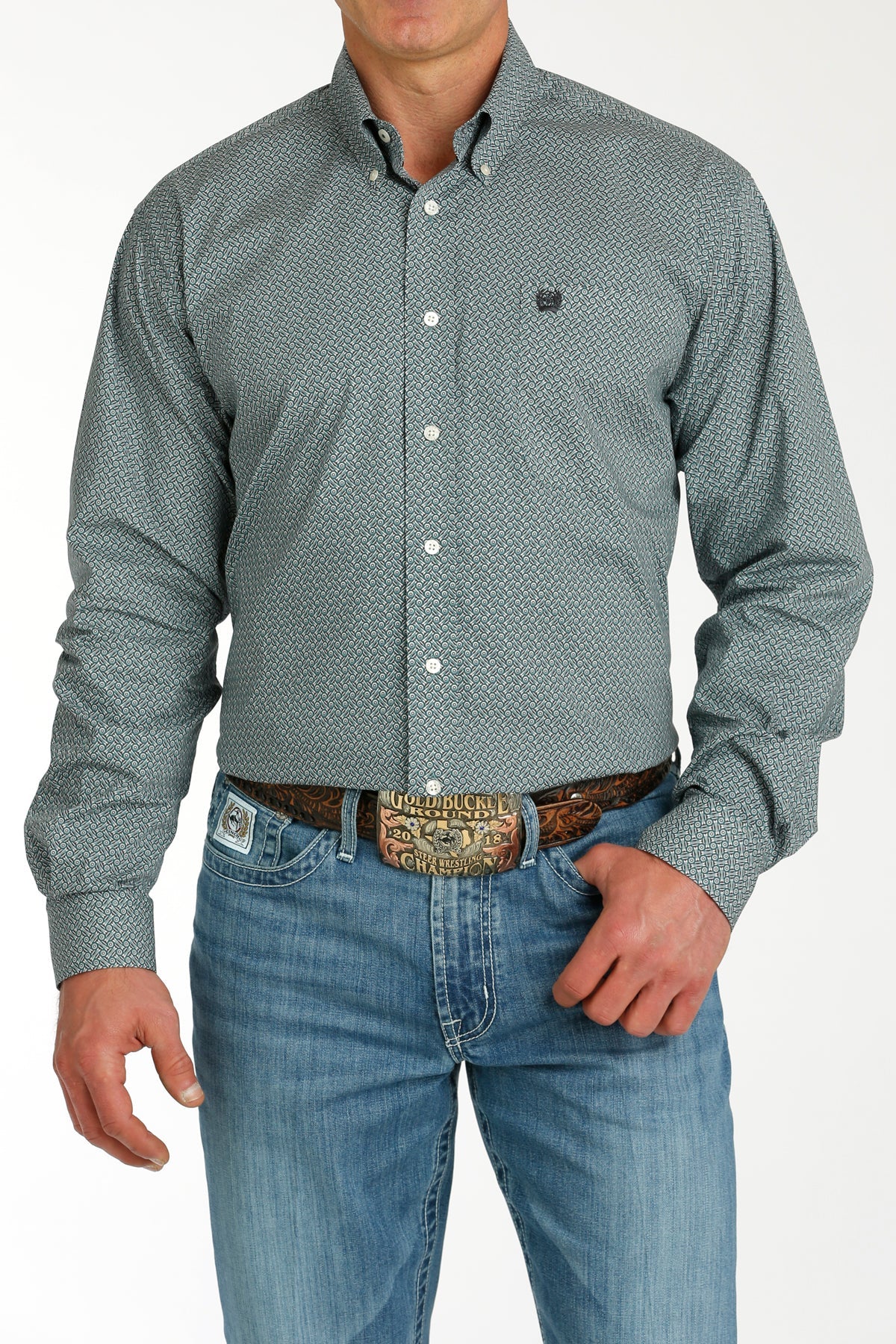 MILLER INTERNATIONAL CLOTHING-MENS MENS GREEN PRINT CINCH LONG SLEEVE SHIRT